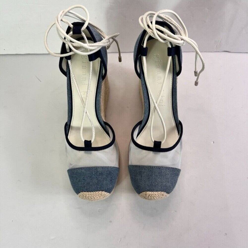 Gianni Bini Sandals Platform Wedges Women 7 Blue Denim Mesh Espadrille Gladiator - Picture 10 of 13
